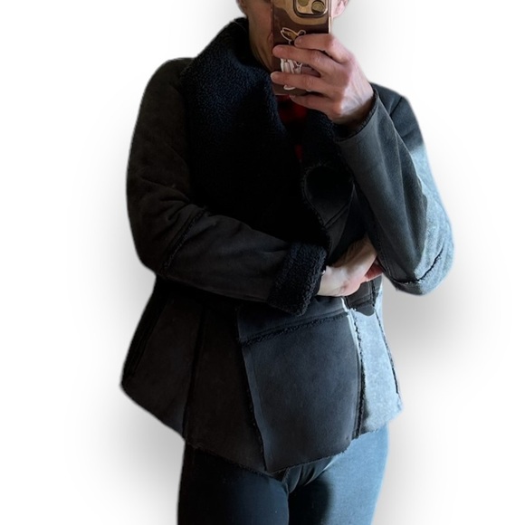 Prana Gray/Black Faux Suede shearling Lined Jacket Open Front draped townie XS/S - Picture 10 of 11